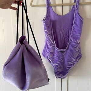 Triangl One-Piece Swimsuit Purple Velvet 80s with Swim Bag (L)